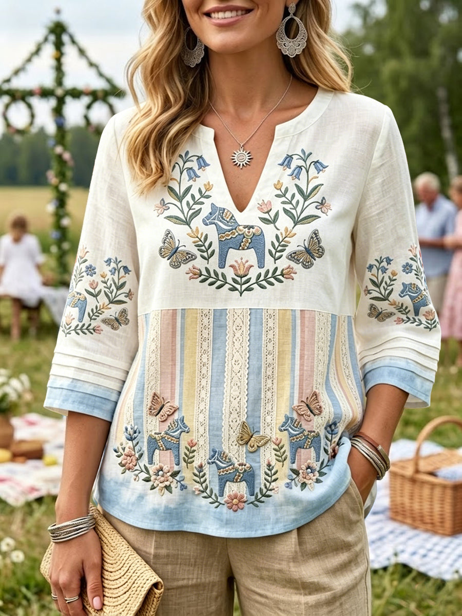 Dams retro midsommarrandig patchwork-luva i bomull-linne, avslappnad stil