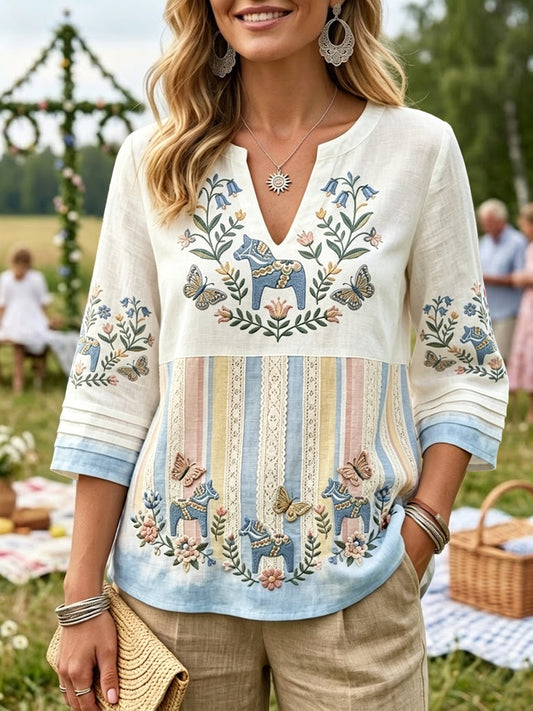 Women's Retro Midsummer Striped Cotton-Linen Patchwork Hooded Top, Relaxed Style