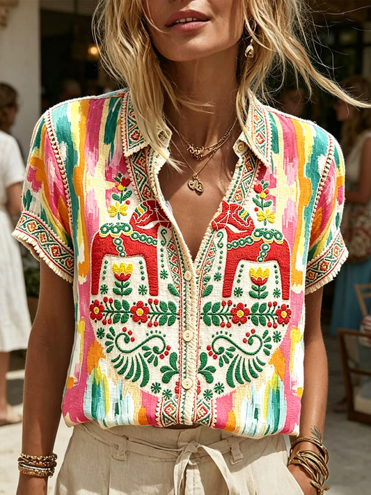 Women's shirt with Swedish Dala horse, colorful graffiti art, casual style, short sleeves
