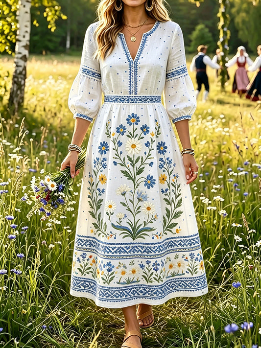 Women's Swedish Midsummer Dala Horse Print Casual Fashion Cotton Linen V-Neck Dress