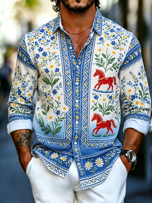 Men's Dinner Floral Print Casual Waffle Knit Long Sleeve Shirt