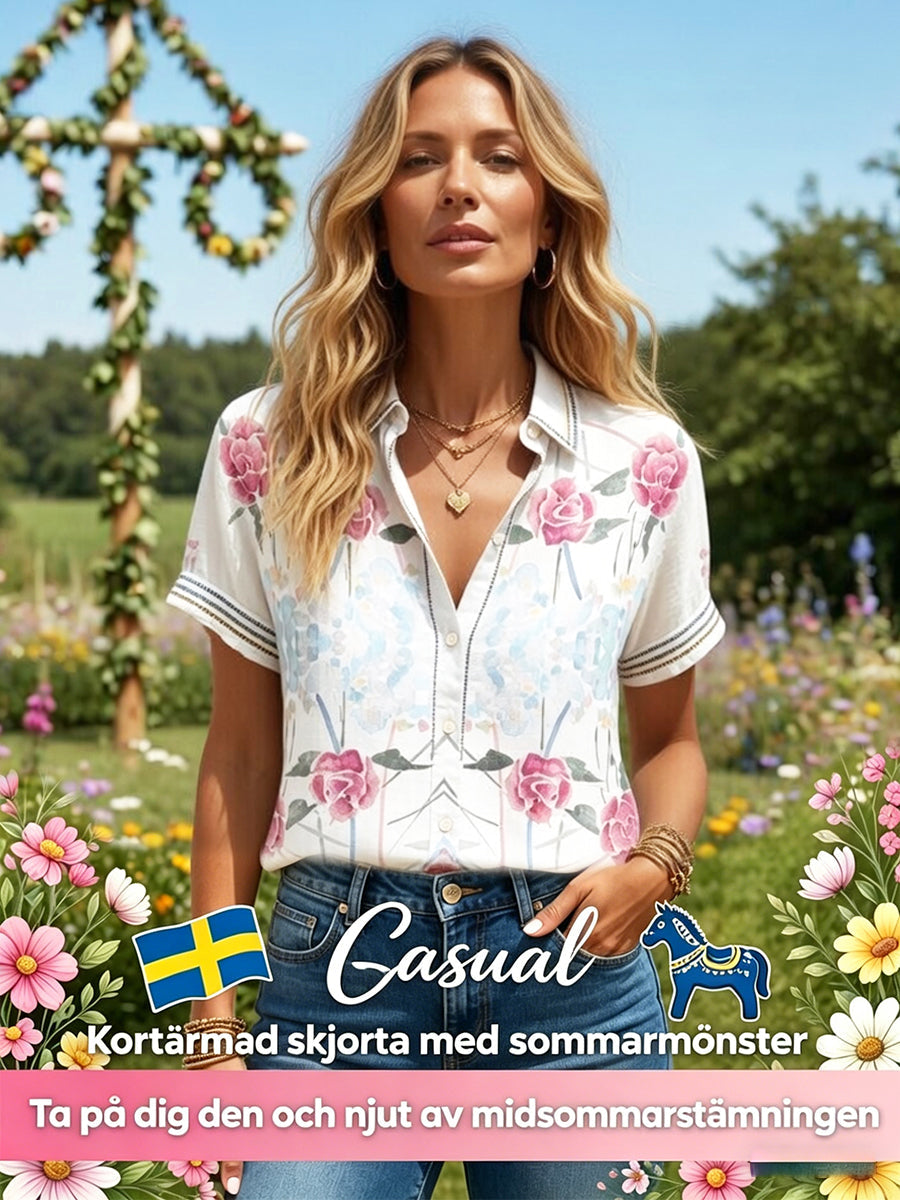 Women's Swedish Floral Printed Casual Short Sleeve Shirt