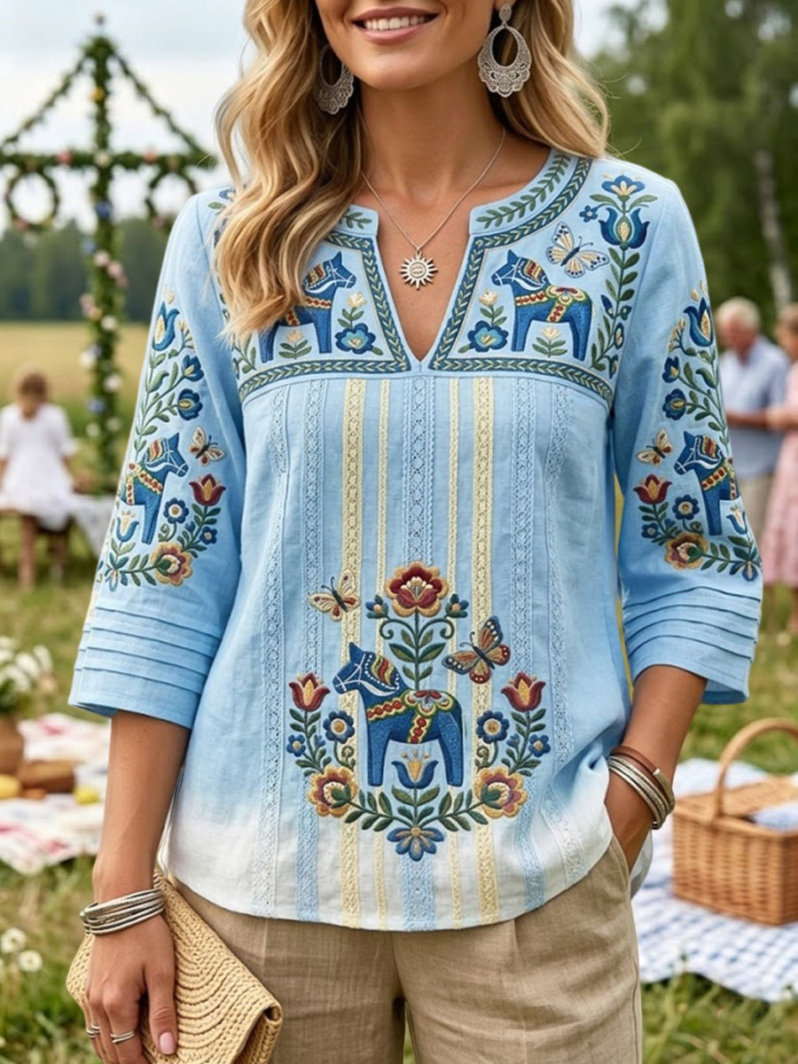 Dams retro midsommarrandig avslappnad blus i bomull-linne