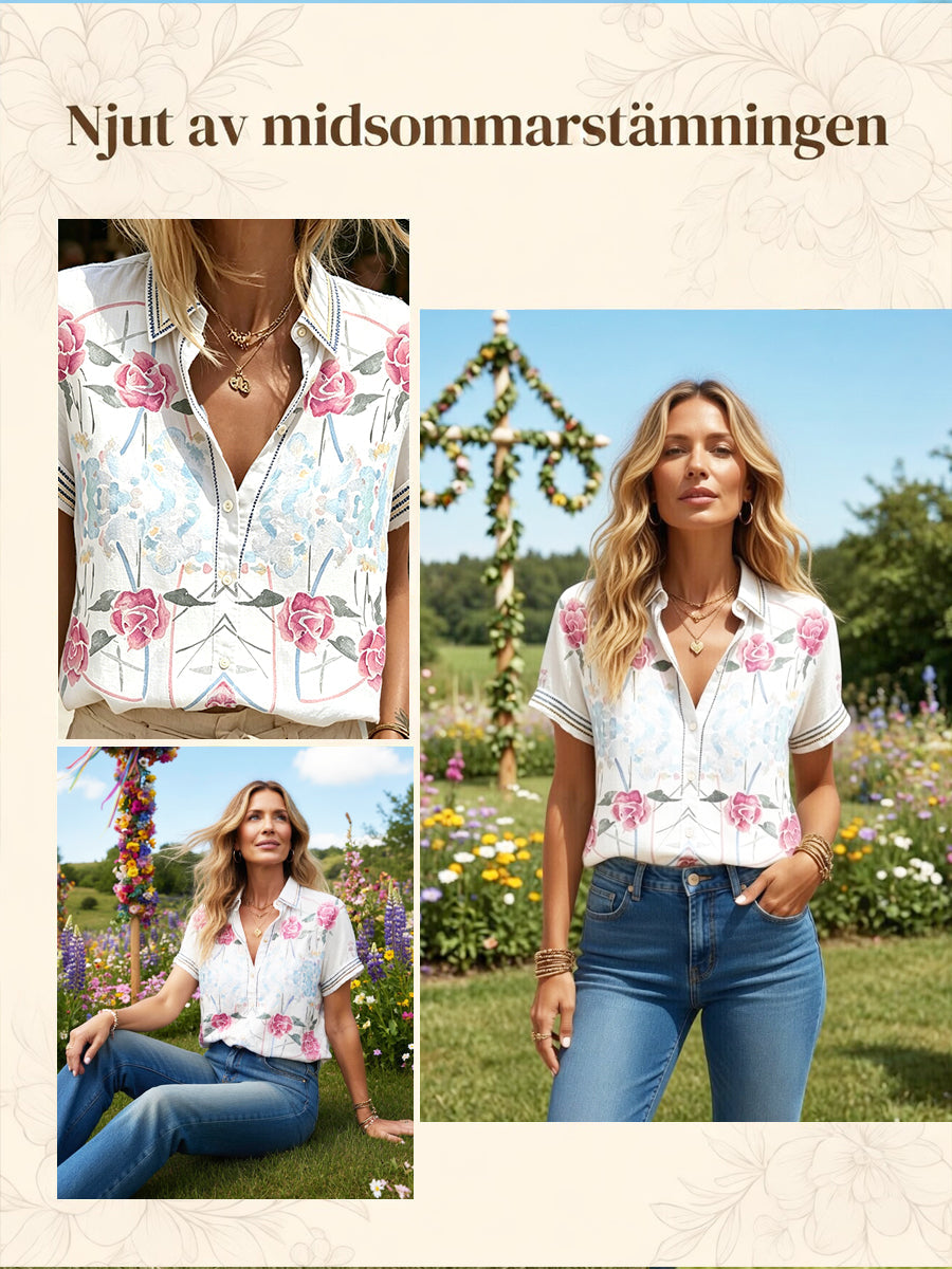 Women's Swedish Floral Printed Casual Short Sleeve Shirt