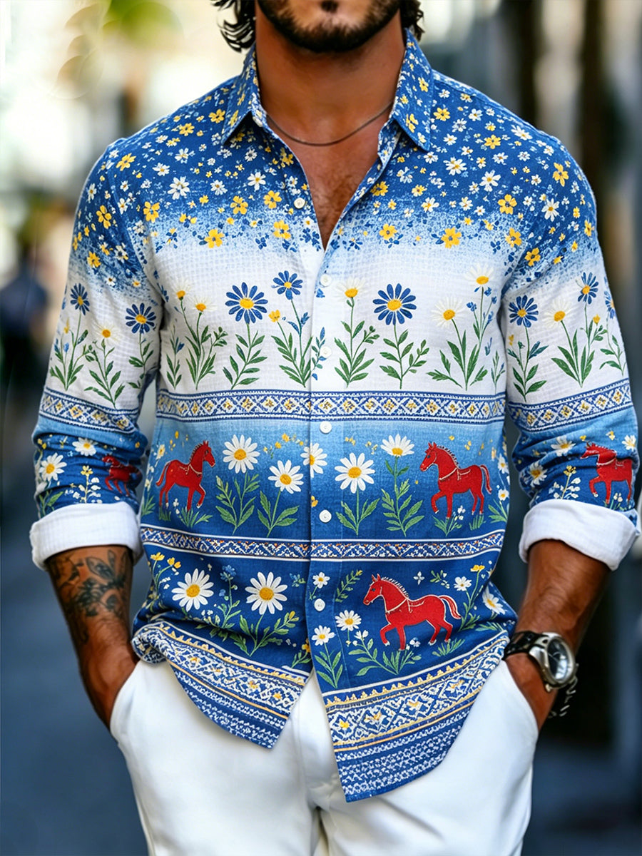 Men's Dinner Floral Print Casual Waffle Knit Long Sleeve Shirt