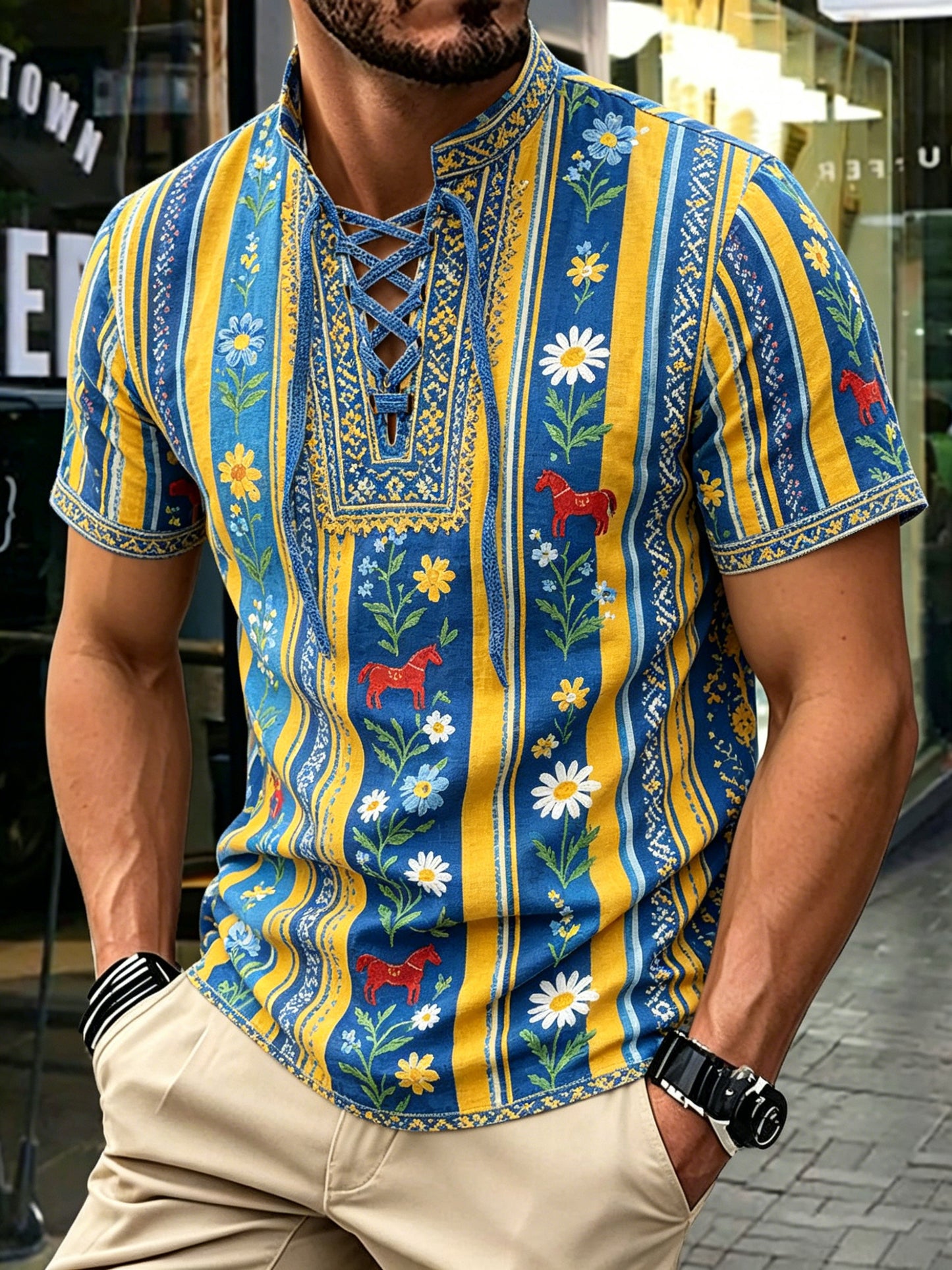 Herrkonsttryck på t-shirt med korta ärmar – Svensk midsommar
