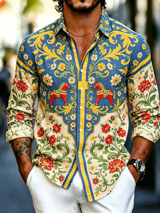 Men's Long-Sleeved Shirt with Swedish Midsummer Art Print