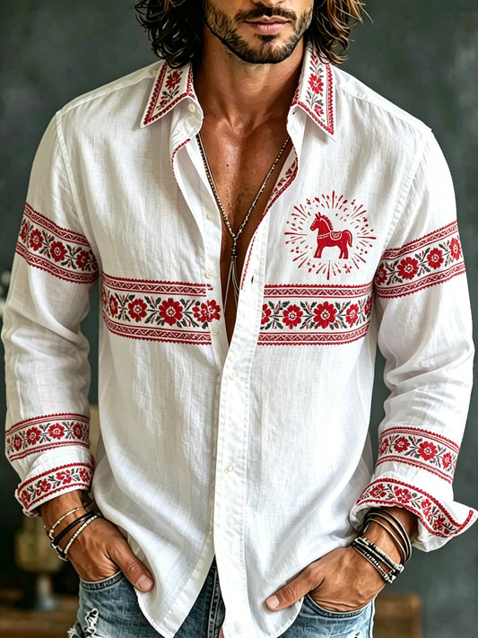 Men's long-sleeved shirt with Swedish Midsummer art print