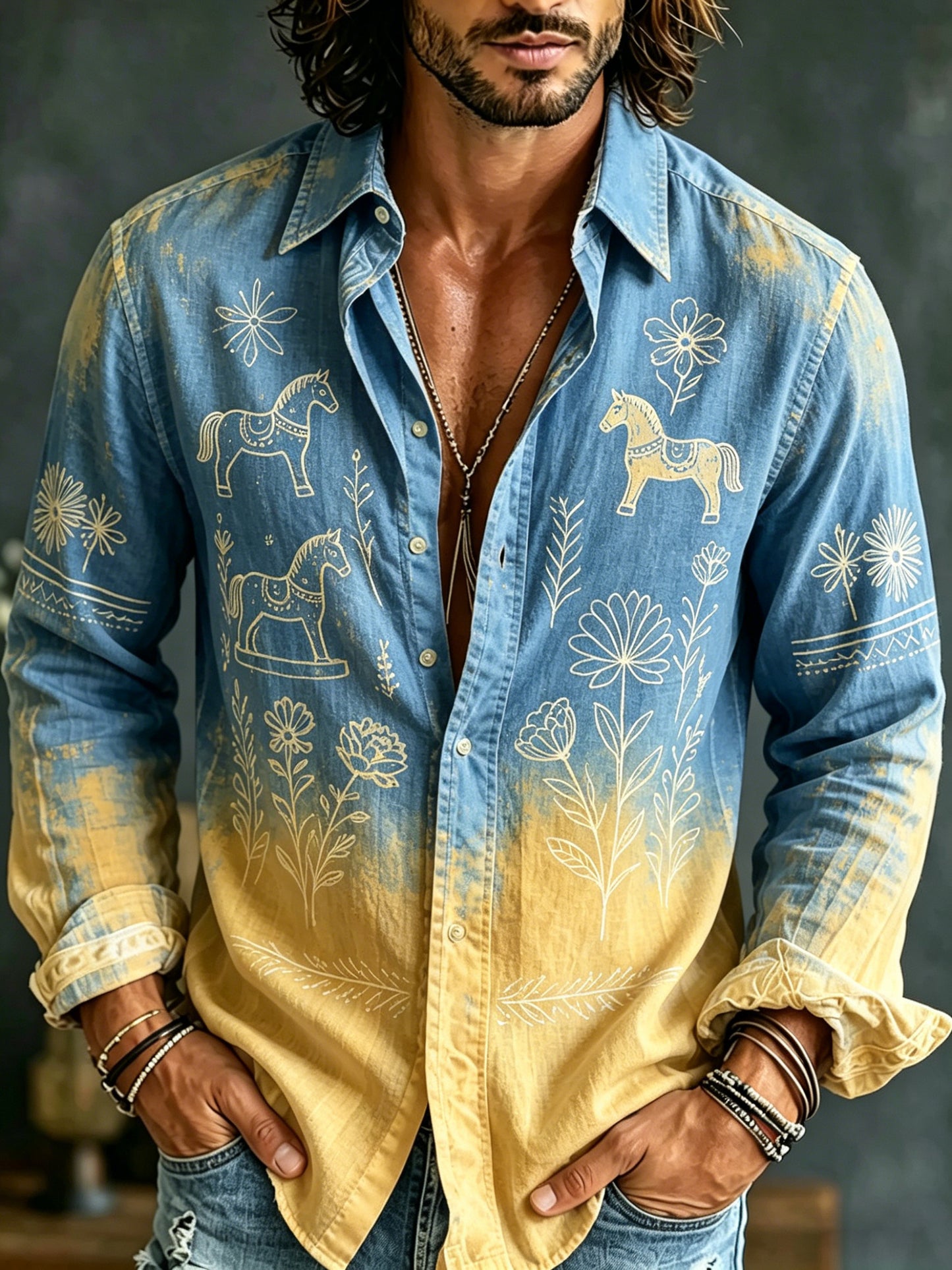 Men's long-sleeved Swedish Midsummer art print shirt