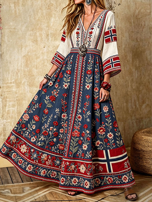 Damskjorta i nordisk skandinavisk stil med blommönster och linneklänning
