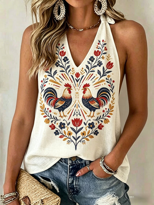 Women's retro Swedish midsummer folklore floral backless halter top