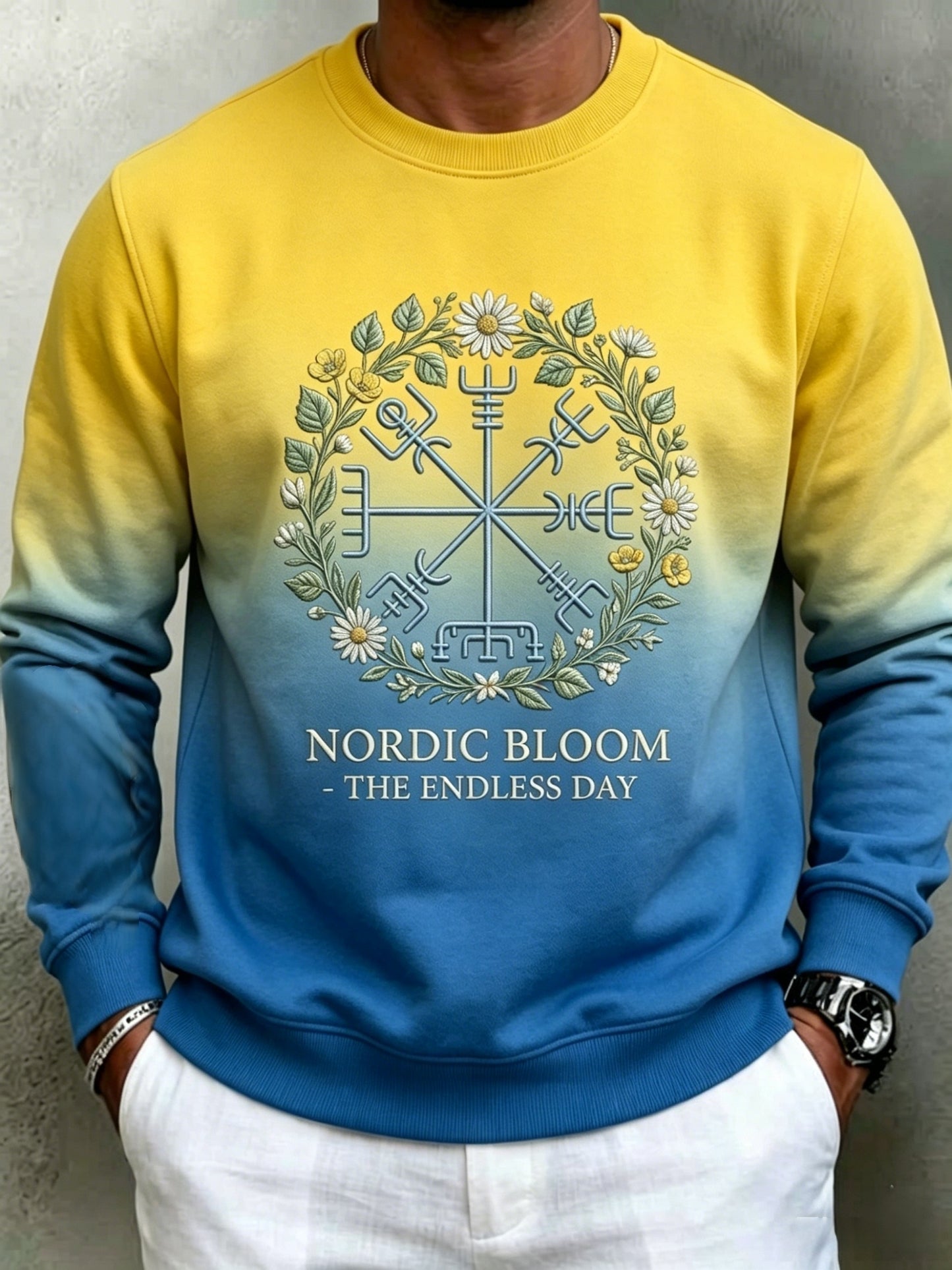 Mäns Vintage Svenska midsommar Vegvisir Blomma krona lång ärm Sweatshirt