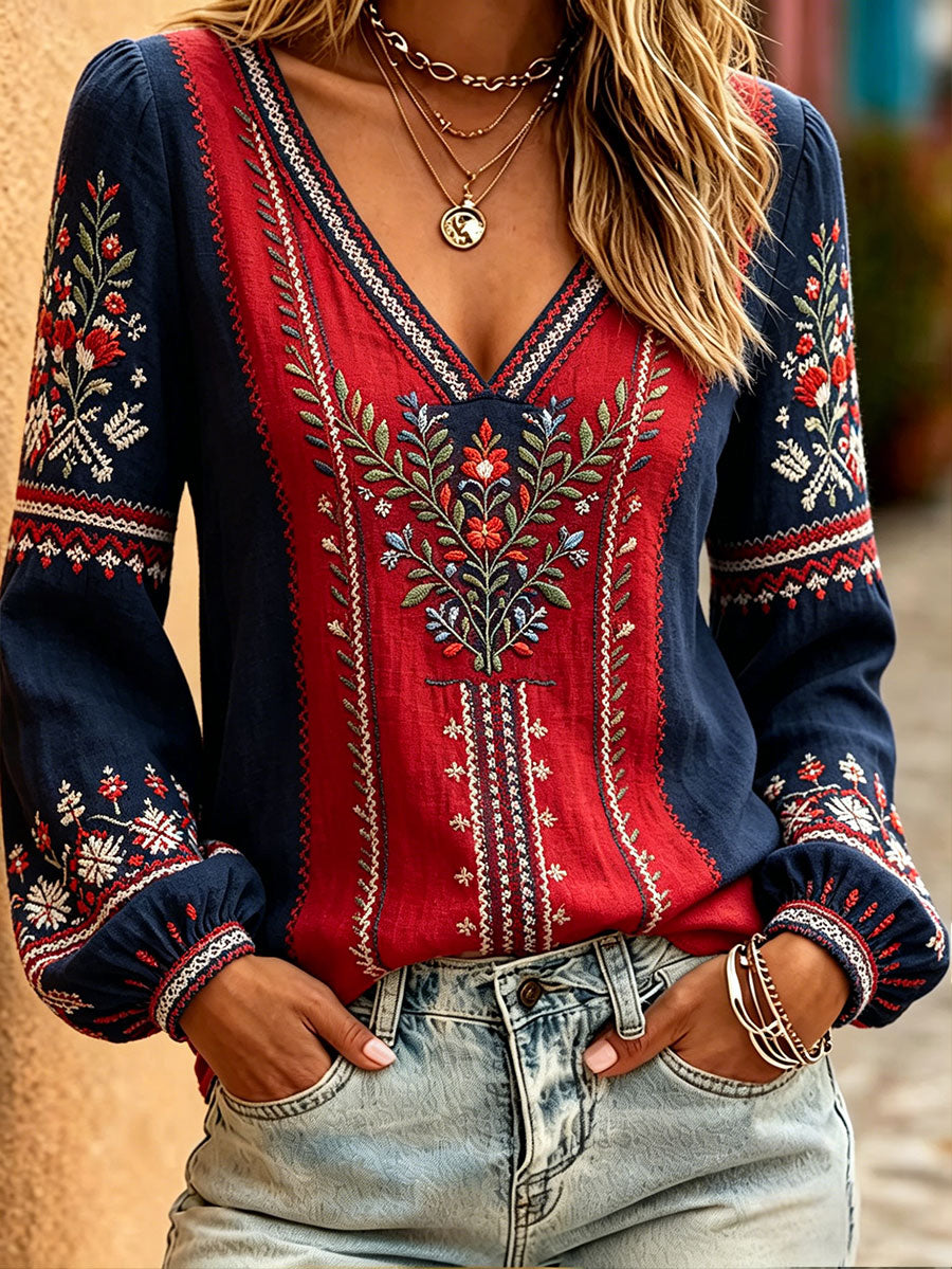 Women's blouses in Nordic Scandinavian style with a floral motif printed on linen