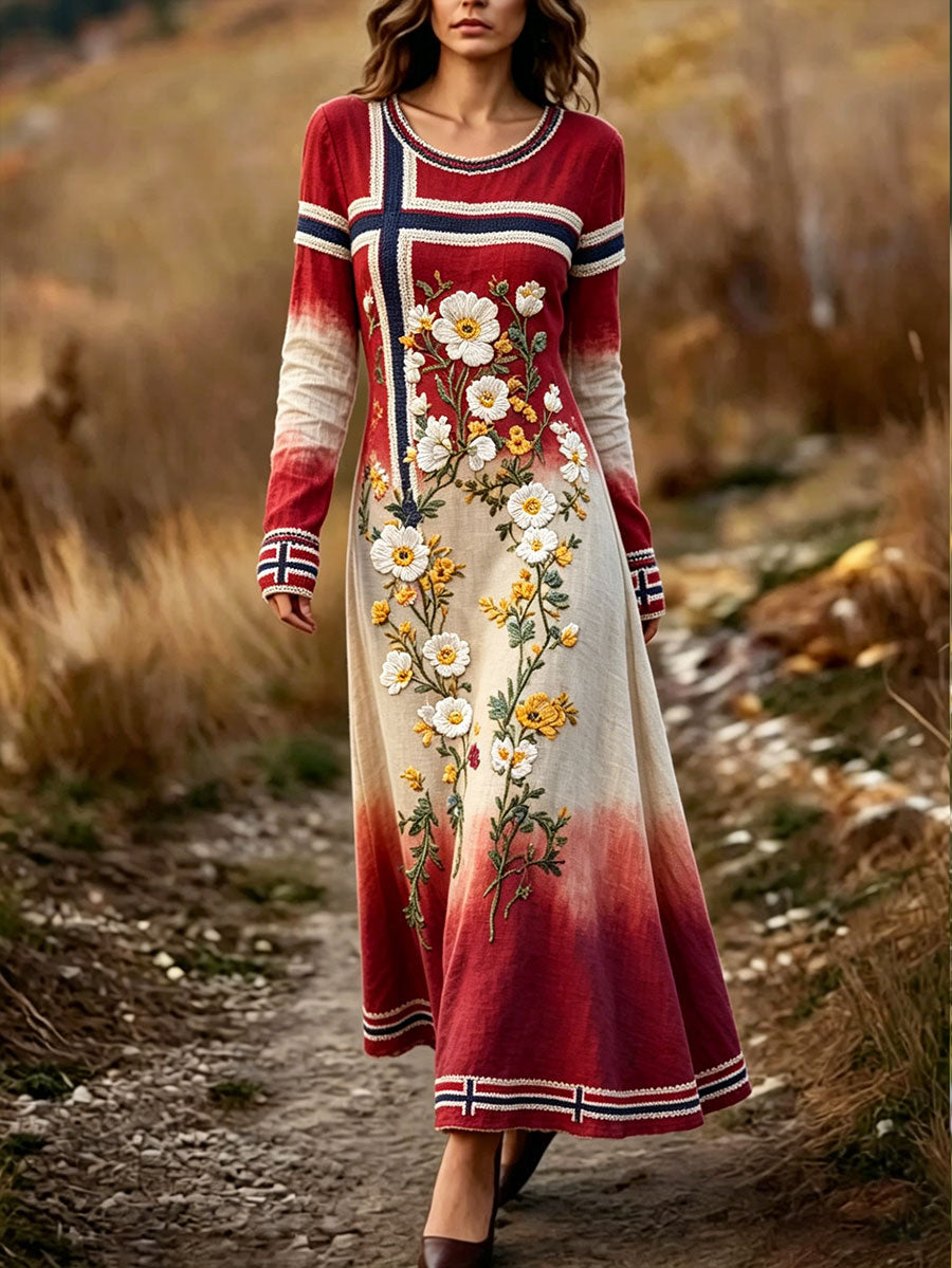 Women's dress in Nordic Scandinavian style with floral motif and art print