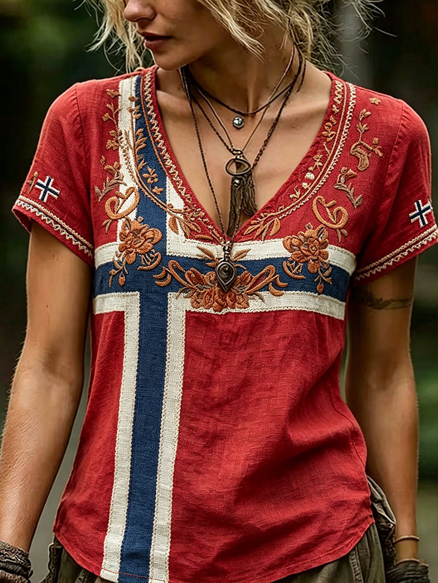 Women's blouses in Nordic Scandinavian style with a floral motif printed on linen