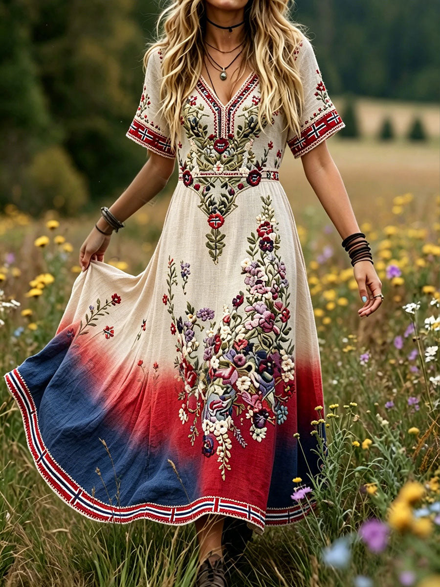 Women's dress in Nordic Scandinavian style with floral motif and art print