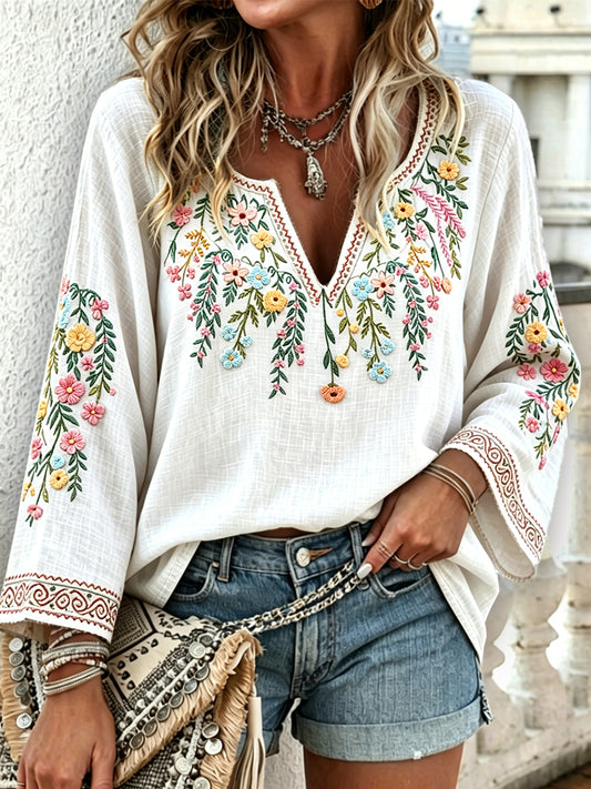 Women's White Swedish Midsummer Floral Printed Casual V-Neck Long Sleeve T-Shirt