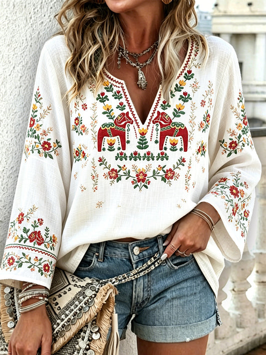 Women's Sweden Dala Horse Print White V-Neck Long Sleeve Casual T-Shirt