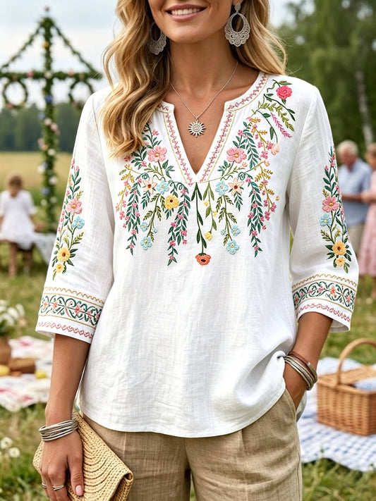 Women's White Swedish Midsummer Floral Printed Cotton-Linen V-Neck Casual T-Shirt