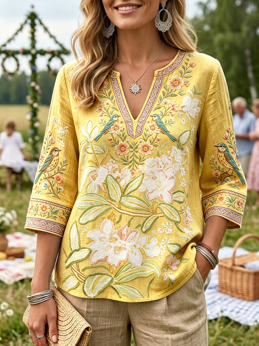 Women's Yellow Swedish Floral and Bird Pattern Cotton-Linen V-Neck Casual T-Shirt