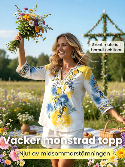 Women's Summer Floral Print Casual Linen Tunic V-Neck T-Shirt