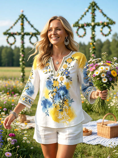 Women's Summer Floral Print Casual Linen Tunic V-Neck T-Shirt