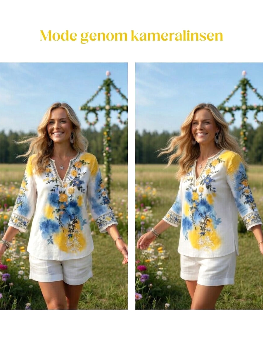 Women's Summer Floral Print Casual Linen Tunic V-Neck T-Shirt