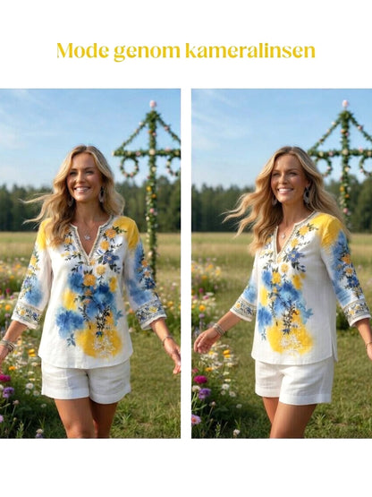 Women's Summer Floral Print Casual Linen Tunic V-Neck T-Shirt