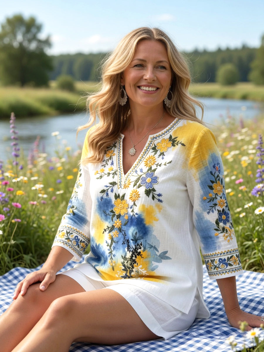 Women's Summer Floral Print Casual Linen Tunic V-Neck T-Shirt