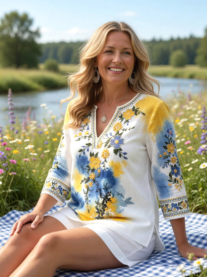 Women's Summer Floral Print Casual Linen Tunic V-Neck T-Shirt