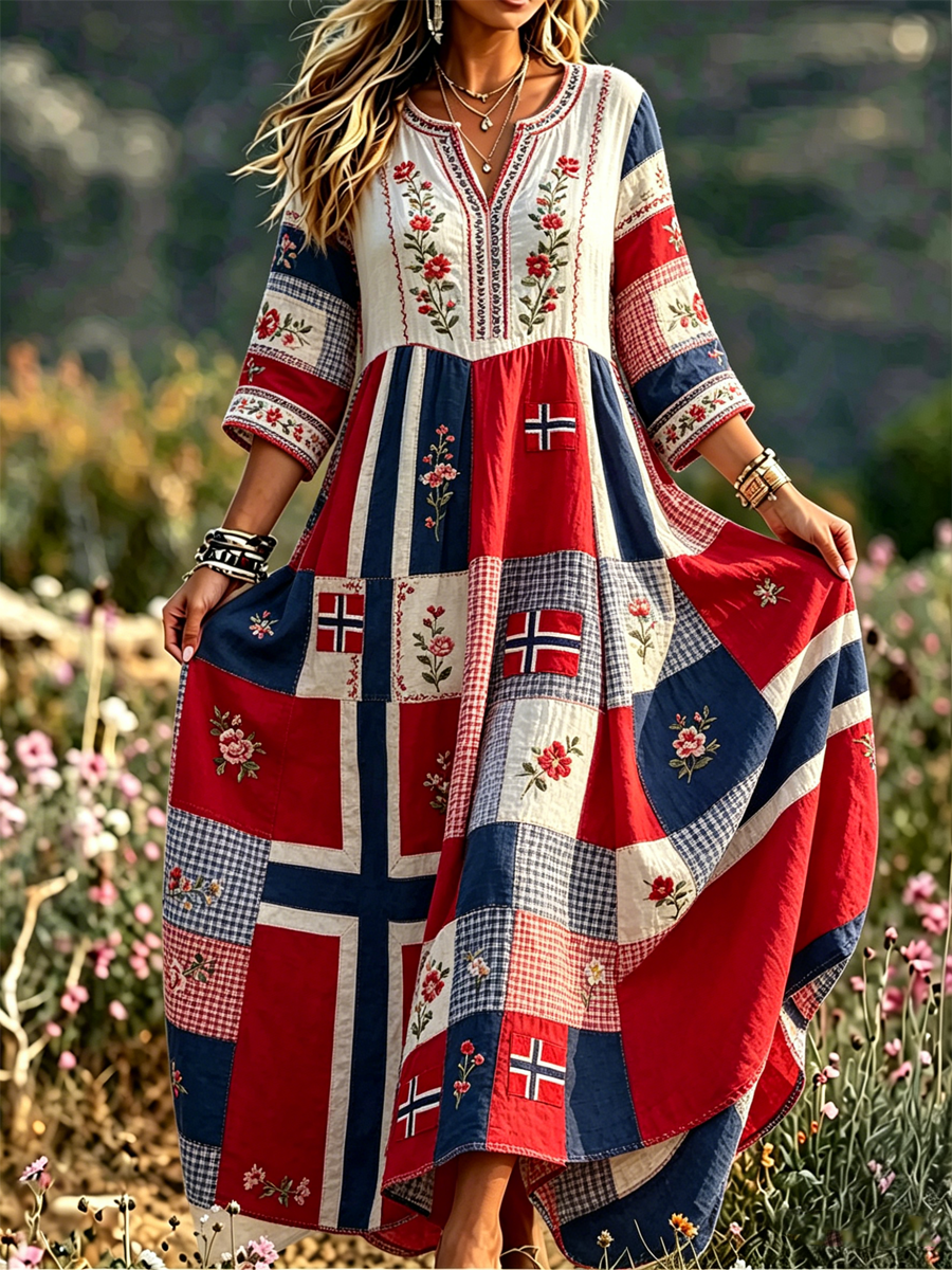 Ladies' dress in Nordic Scandinavian style with a floral motif printed on linen