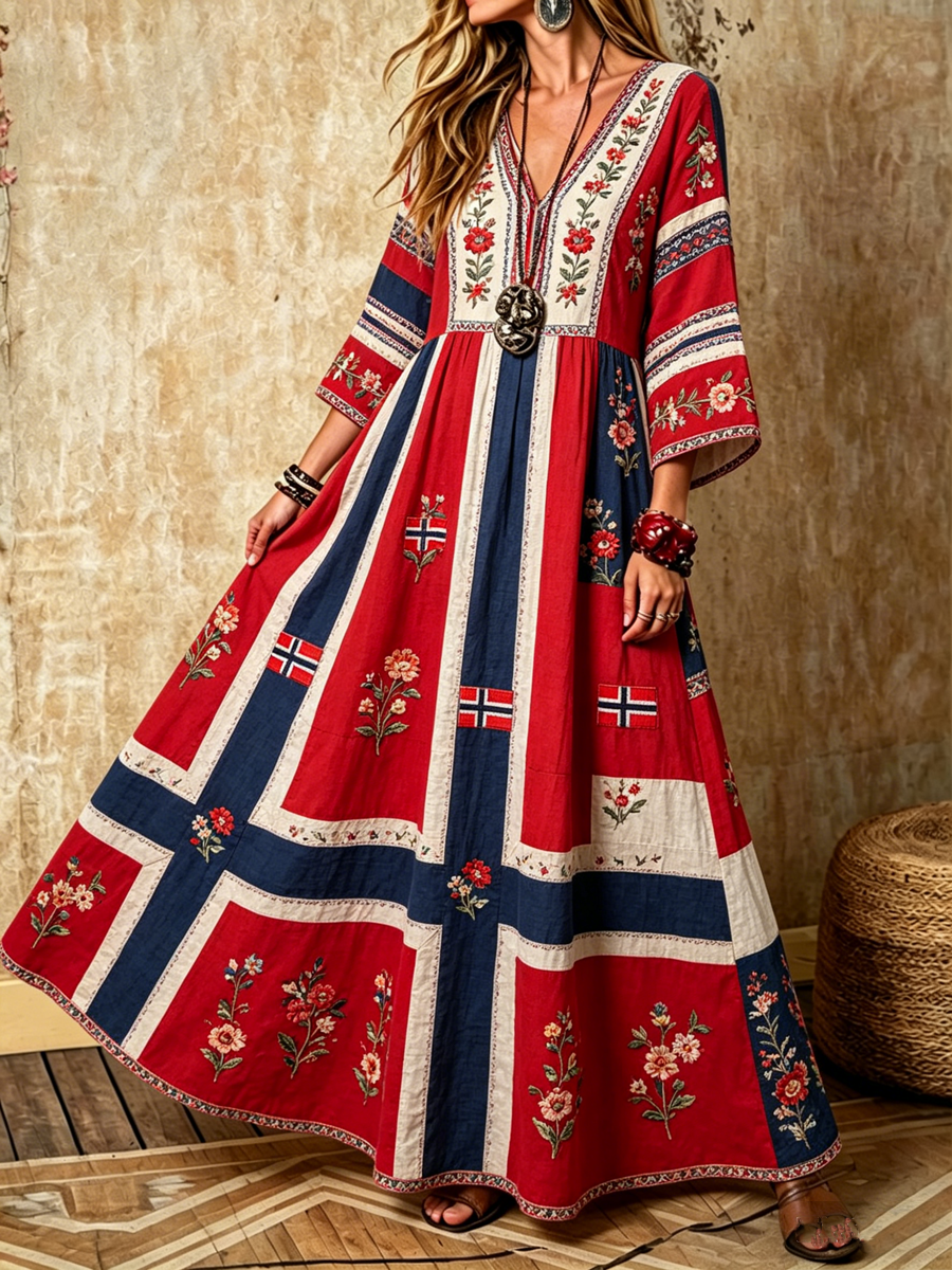 Women's Nordic Scandinavian Style Floral Print V-neck Dress with Pockets