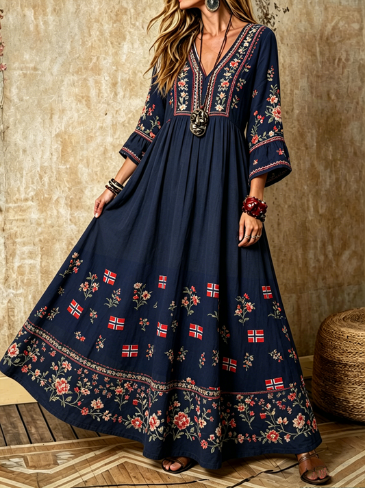 Women's Nordic Scandinavian Style Floral Print V-neck Dress with Pockets