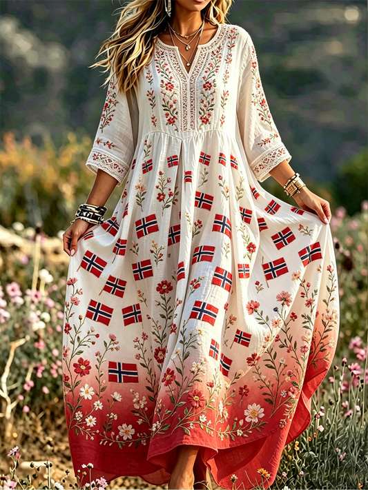 Ladies' dress in Nordic Scandinavian style with a floral motif printed on linen