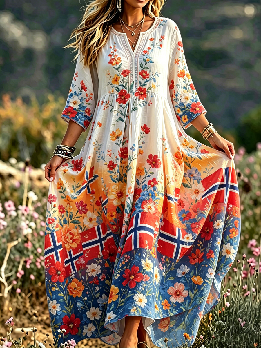 Ladies' dress in Nordic Scandinavian style with a floral motif printed on linen