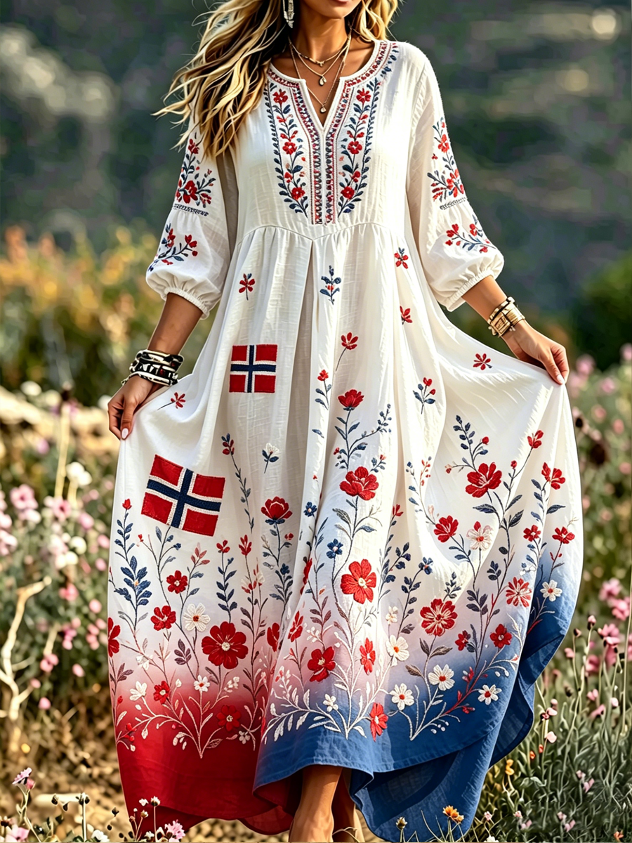 Ladies' dress in Nordic Scandinavian style with a floral motif printed on linen