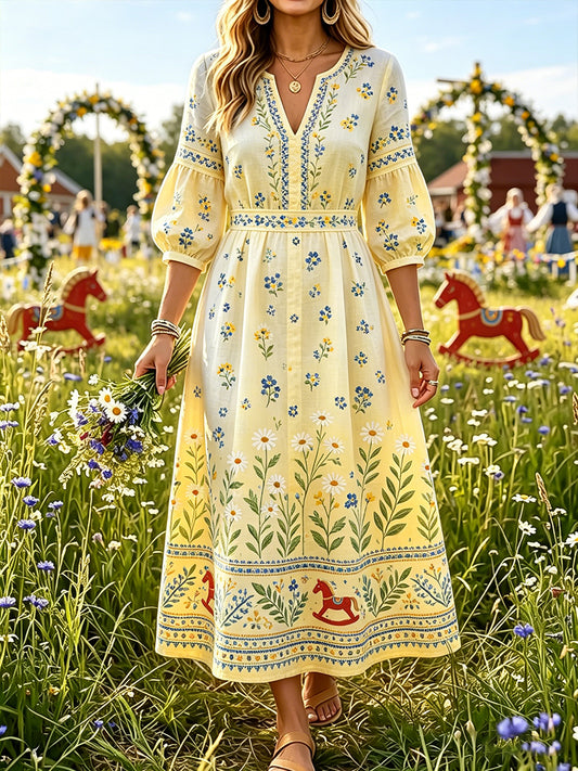 Women's Swedish Midsummer Dala Horse Print Casual Fashion Cotton Linen V-Neck Dress