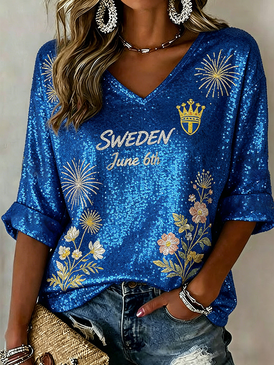 Dammtröja med V-ringning och paljetter i blommönster