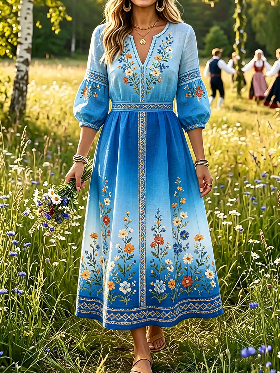 Kvinnors svensk midsommar Dala Häst Skriv ut Casual Fashion Bomull-Linen V-Hack klänning