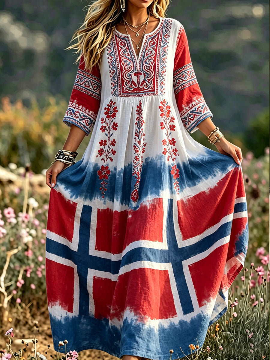Women's Retro Viking Dress with Floral Pattern and Relaxed Style
