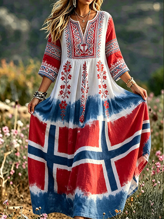 Kvinners retro viking-kjole med blomstermønster og avslappet stil