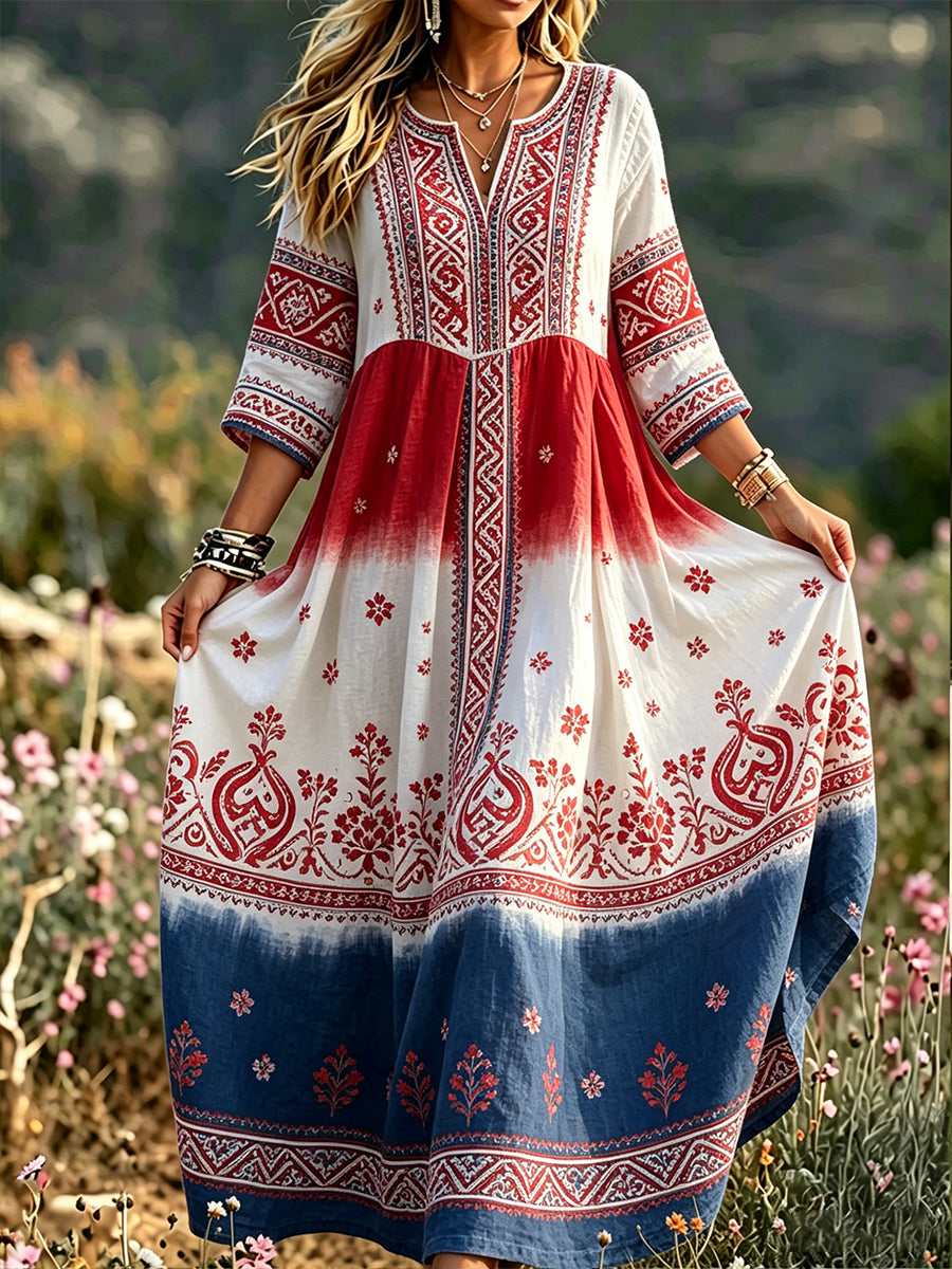 Women's retro Viking dress with floral pattern and relaxed style
