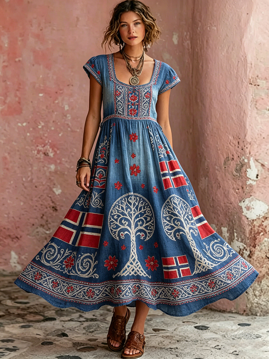Women's Retro Viking Dress with Floral Pattern and Relaxed Style
