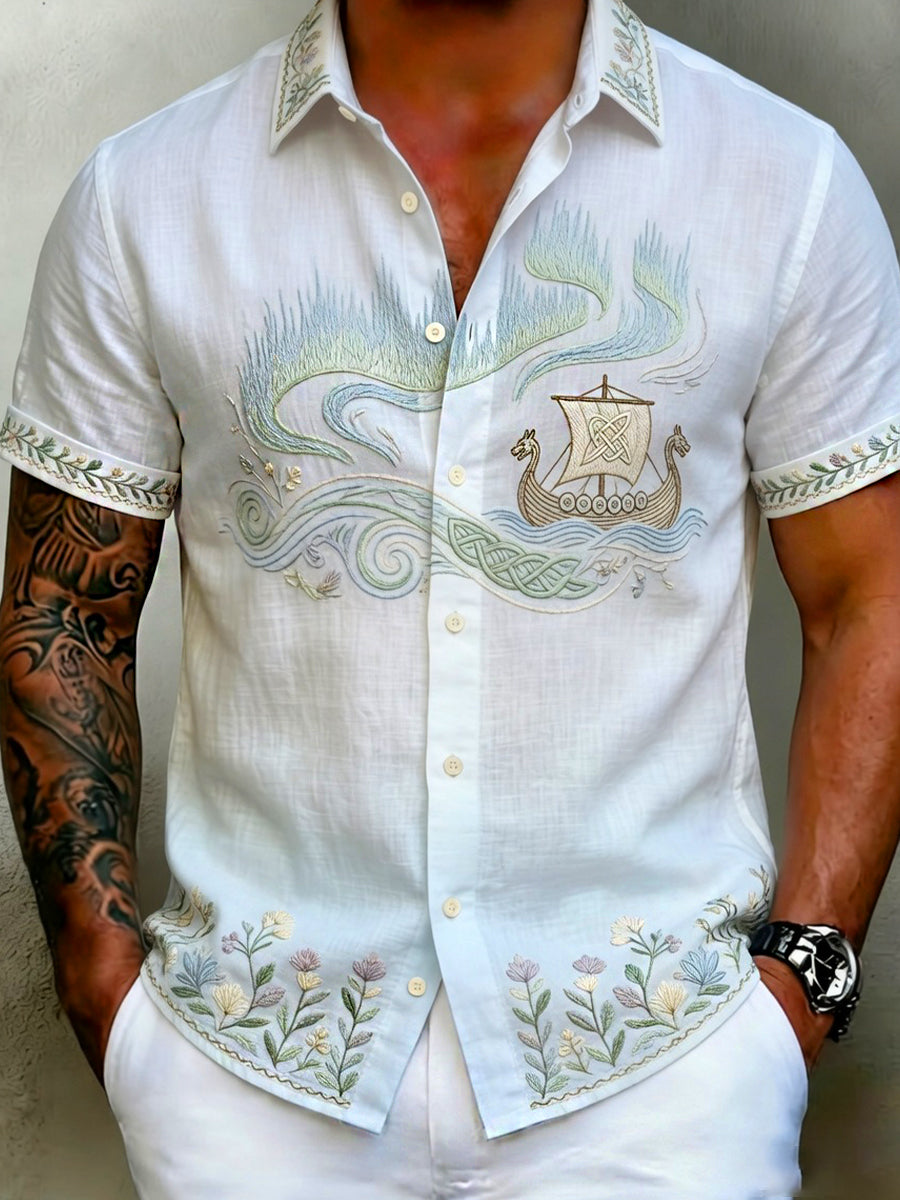 Old Scandinavian style men's cotton-linen shirt with Norwegian art print