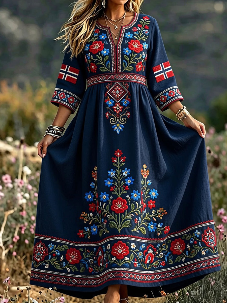 Women's dress in retro Scandinavian style in cotton-linen with Norwegian art print