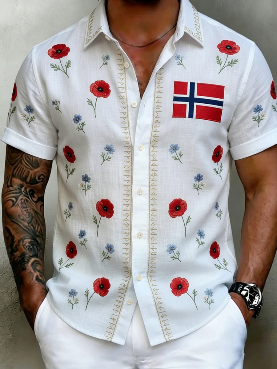 Old Scandinavian style men's cotton-linen shirt with Norwegian art print