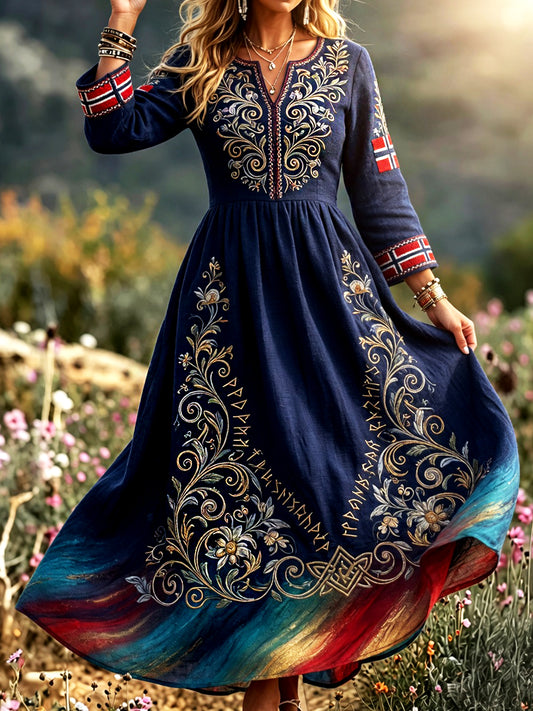 Women's dress in retro Scandinavian style in cotton-linen with Norwegian art print