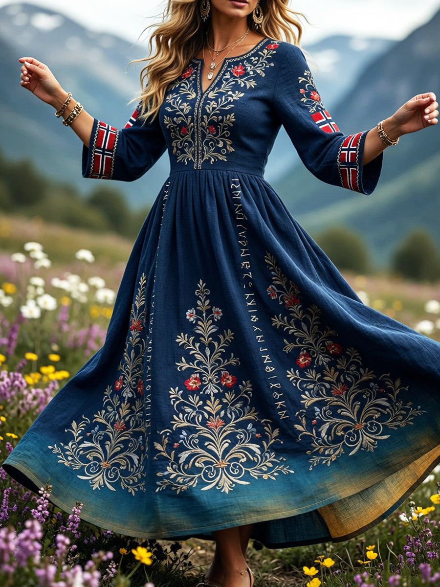 Women's dress in retro Scandinavian style in cotton-linen with Norwegian art print