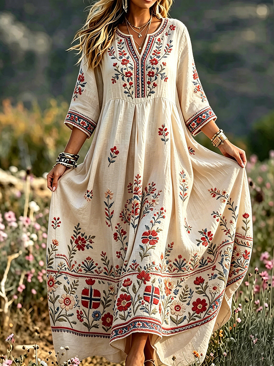 Women's dress in retro Scandinavian style in cotton-linen with Norwegian art print