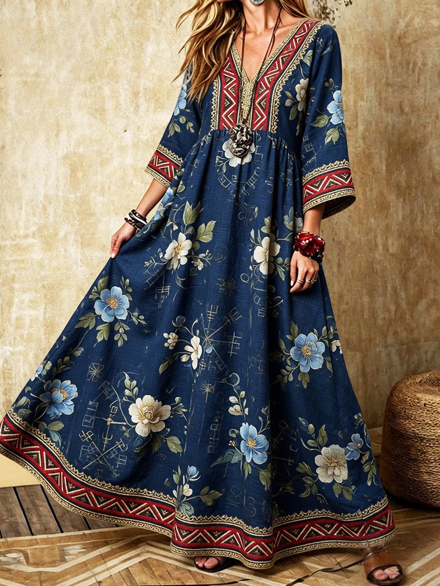 Women's dress in retro Scandinavian style in cotton-linen with Norwegian art print